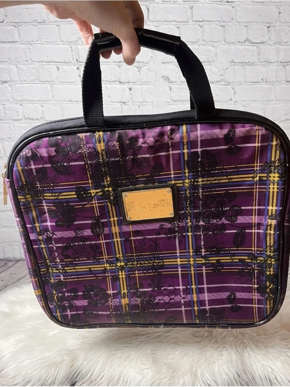 Vtg Betsey Johnson Purple Plaid and Lace design laptop bag with Gold Accents